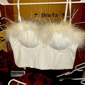White crop top w/ feathers